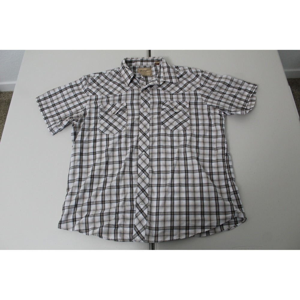Wrangler Western Shirts Mens XL Brown Plaid Pearl Snap Short Sleeve Yoke Pocket